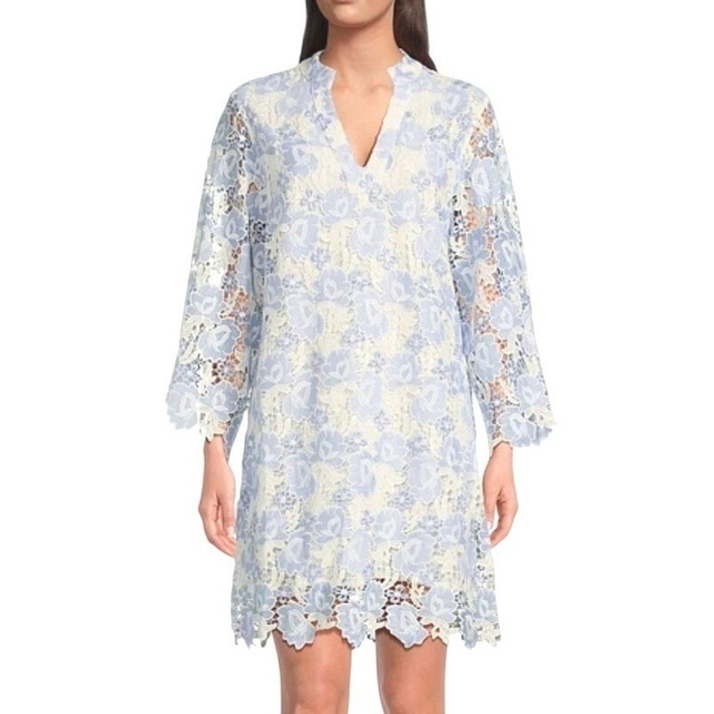 J.Marie NWT SZ XS Maggie Lace Shift Dress Blue White Floral Long sleeve Mini